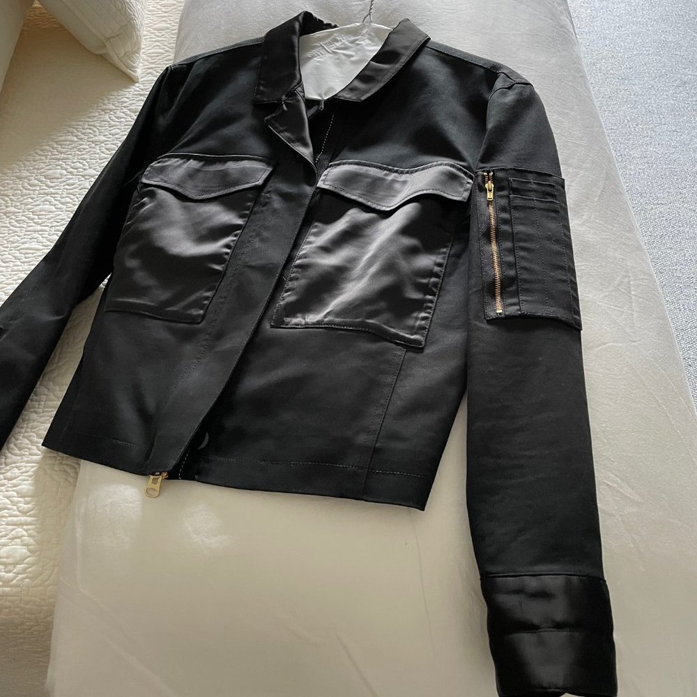 Cabi Black Jacket with Satin Trim and Top Stitching